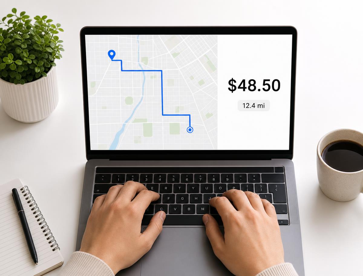 Laptop showing a delivery price estimate with route map and mileage
